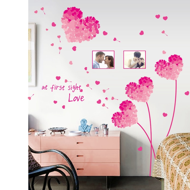 Декоративни стикери розови цветя с форма на сърце с 2 рамки за снимки BV 92STK, 185 cm