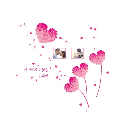 Sticker decorativ, flori roz in forma de inima cu 2 rame foto, 185 cm ...