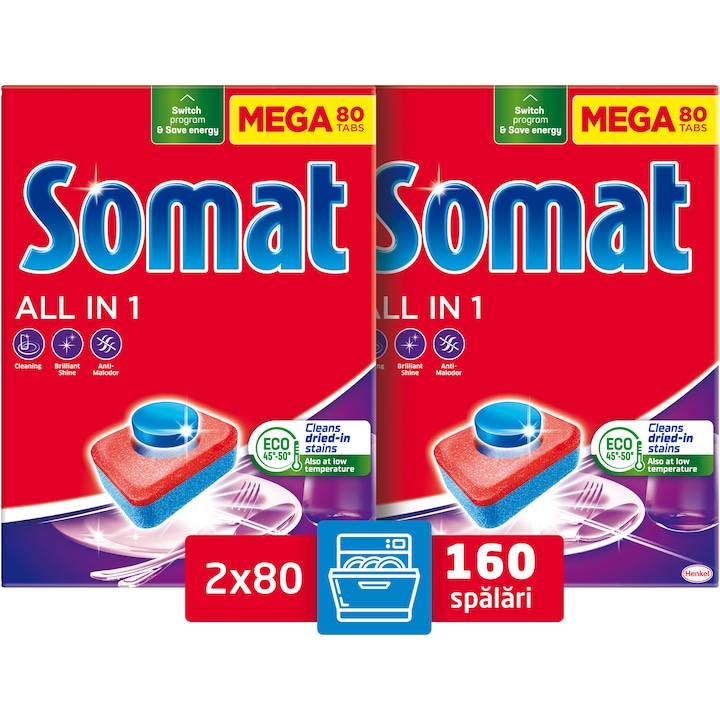 Pachet Detergent pentru masina de spalat vase Somat All in one, 2x80 tablete
