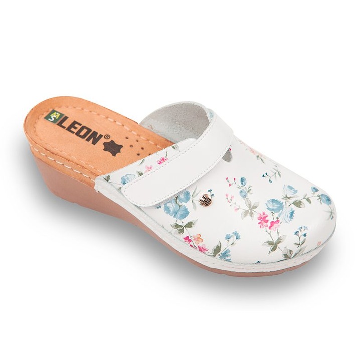 Saboti Medicali Dama din Piele 1003 - Alb cu Flori