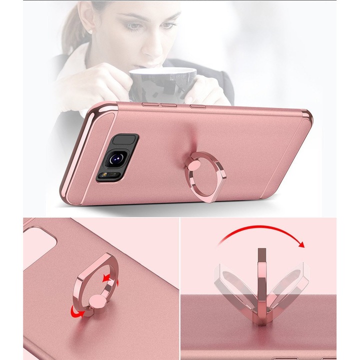 Защитен калъф за Samsung Galaxy S8+, Луксозно розово-златно покритие с поддържащ пръстен