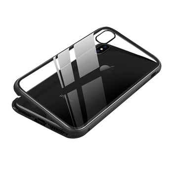 Husa magnetica cu sticla pe spate si rama metalica pentru iPhone X, Negru Husa magnetica cu sticla pe spate si rama metalica pentru iPhone X, Negru