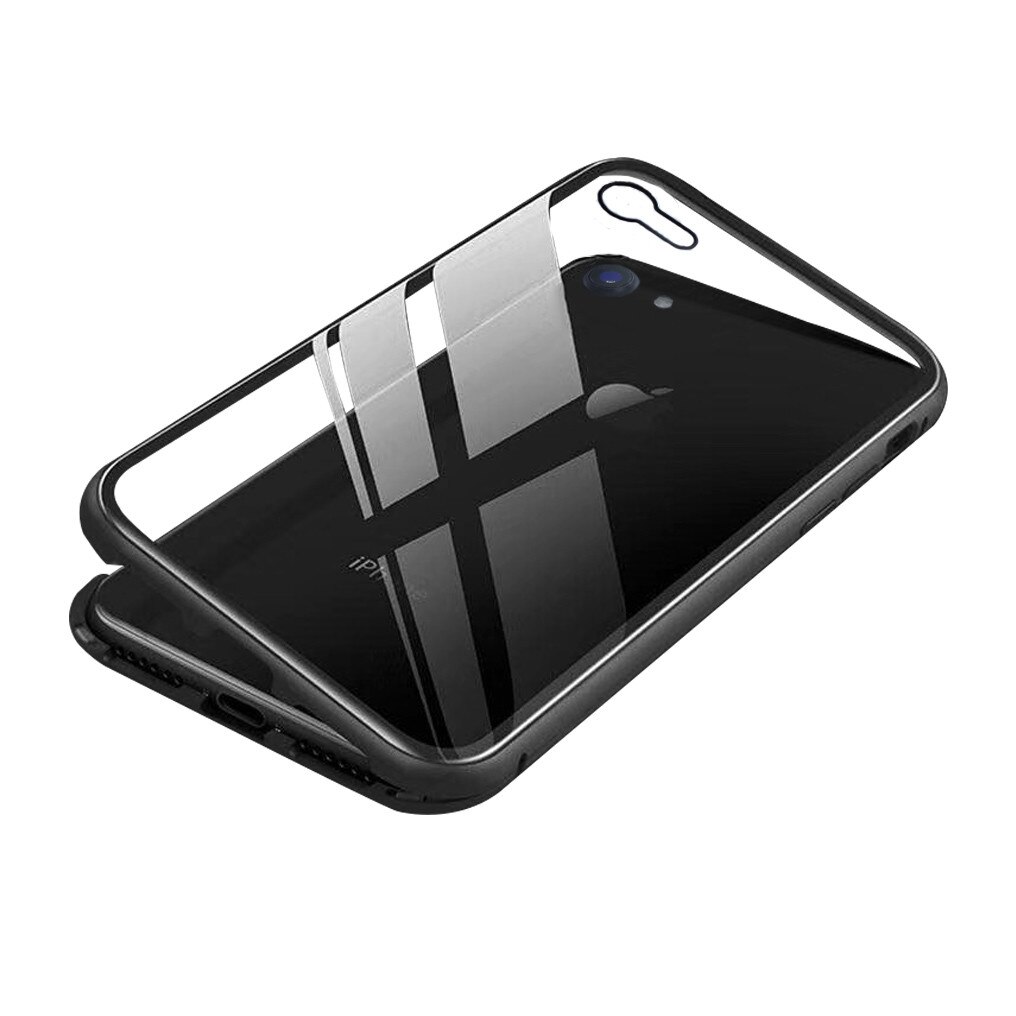 Husa magnetica cu sticla pe spate si rama metalica iPhone 8/7 Black-Negru