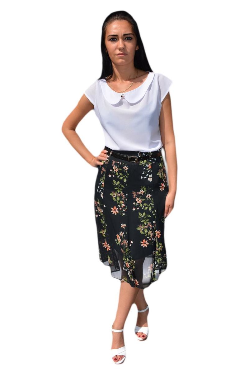 Fusta lejera, midi cu imprimeu floral multicolor, D&J Exclusive, Negru