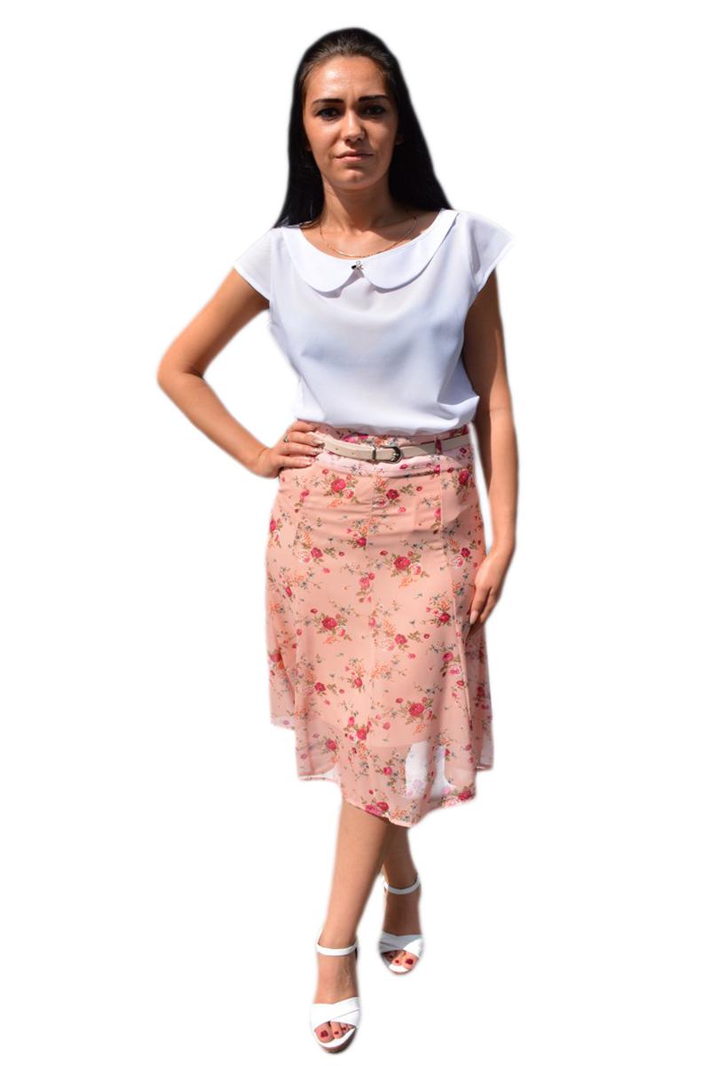 Fusta lejera, midi cu imprimeu floral multicolor, D&J Exclusive, Roz