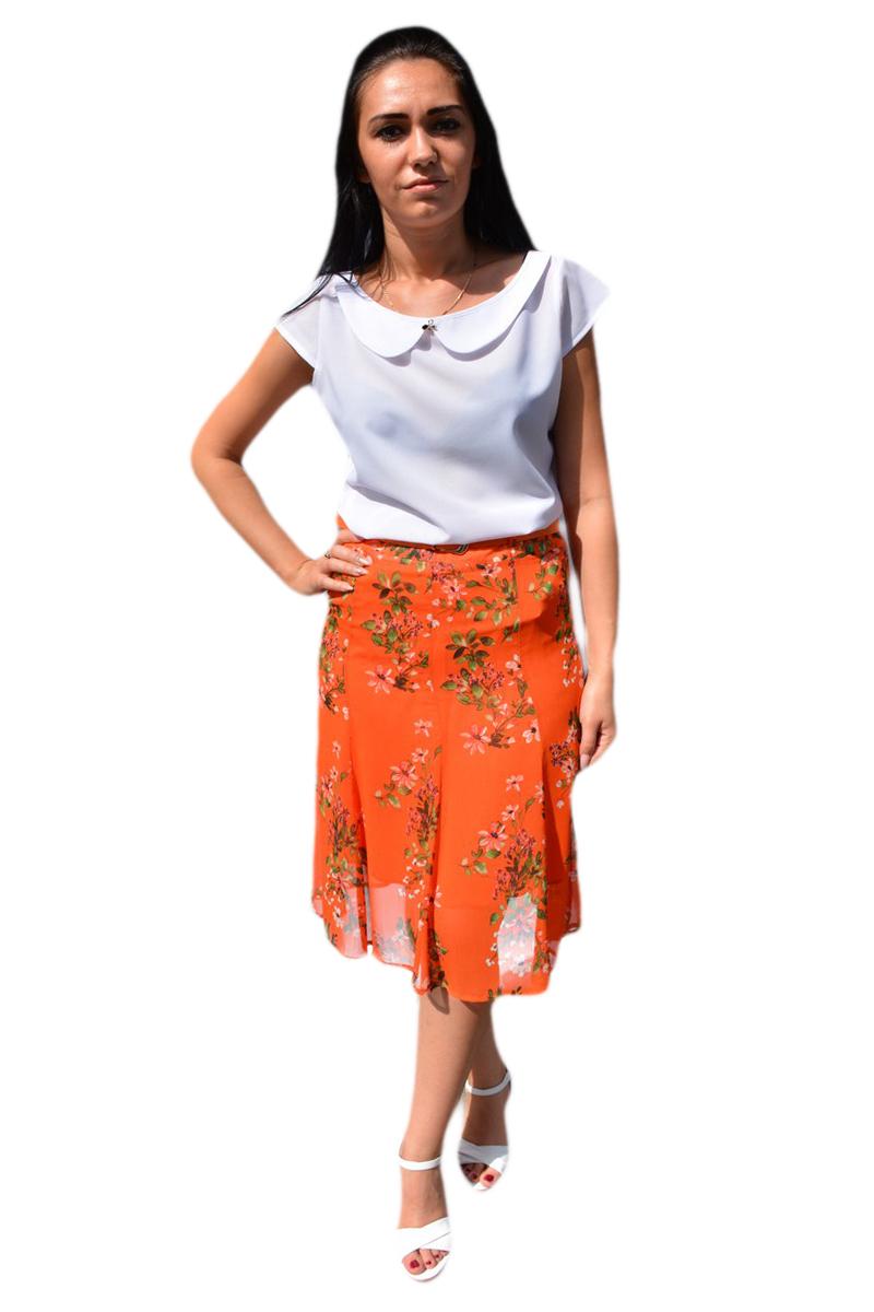 Fusta lejera, midi cu imprimeu floral multicolor, D&J Exclusive, Portocaliu