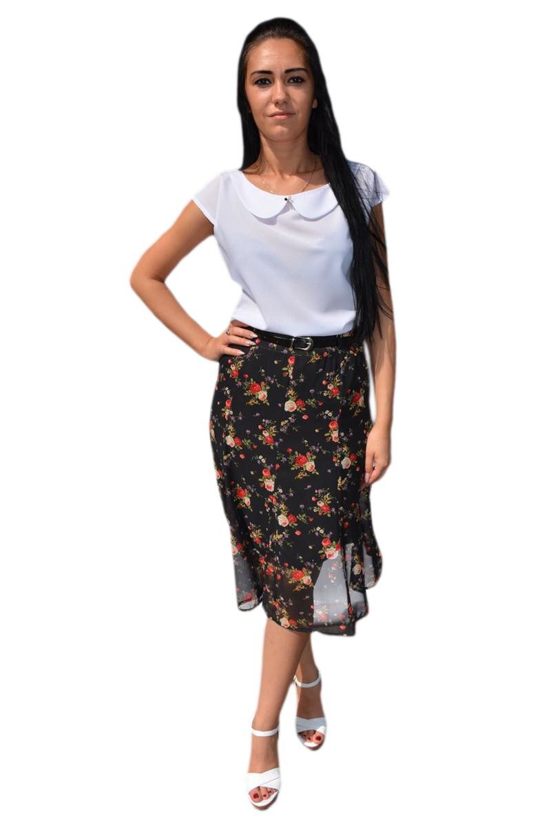 Fusta lejera, imprimeu floral multicolor, D&J Exclusive, Negru