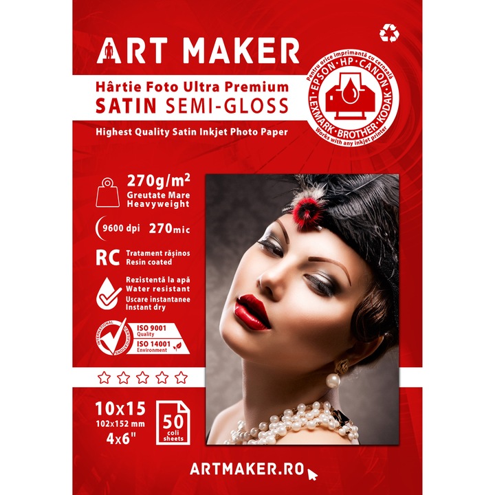 Hartie foto Art Maker, Ultra Premium SATIN Semi-Gloss, 270g/mp, rc, 10×15 cm, 50 coli