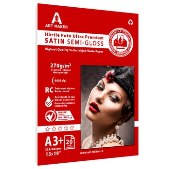 Hartie foto Art Maker, Ultra Premium SATIN Semi-Gloss, 270g/mp, rc, A3+, 20 coli Hartie foto Art Maker, Ultra Premium SATIN Semi-Gloss, 270g/mp, rc, A3+, 20 coli