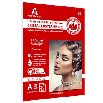 Hartie foto Art Maker, Ultra Premium CRISTAL LUSTER, 270g/mp, rc, A3, 20 coli Hartie foto Art Maker, Ultra Premium CRISTAL LUSTER, 270g/mp, rc, A3, 20 coli