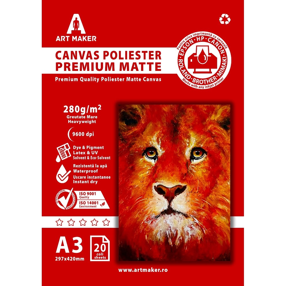 Canvas Poliester, Premium Mat, 240g/mp, A3, 20 coli, Waterproof