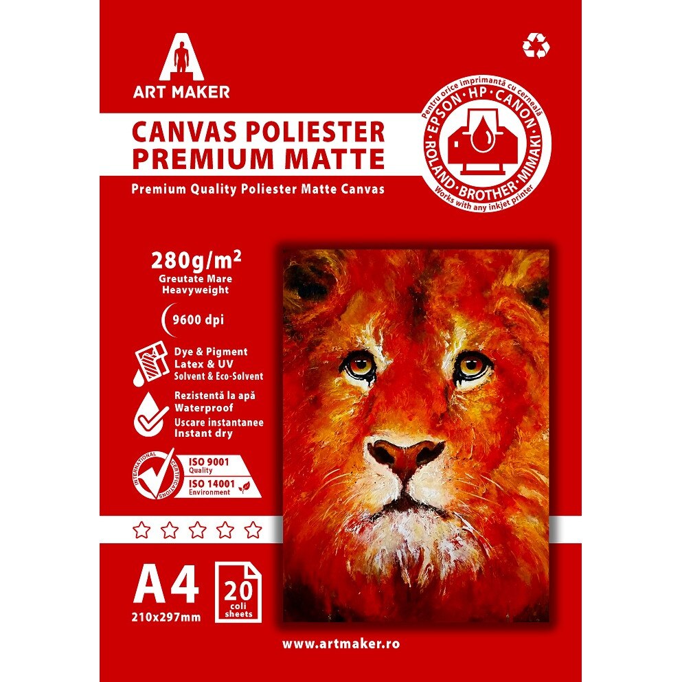 Canvas Poliester, Premium Mat, 280g/mp, A4, 20 coli, Waterproof