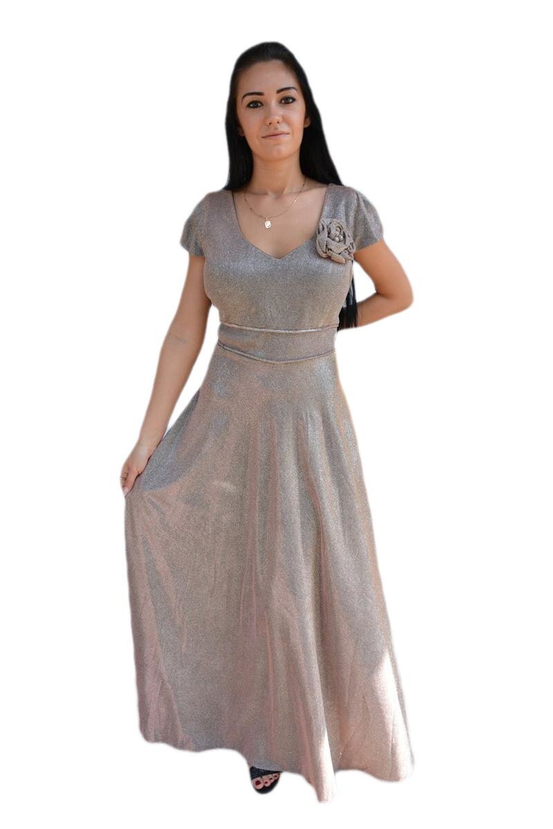 Rochie lunga de seara,model evazat, D&J Exclusive, pudra