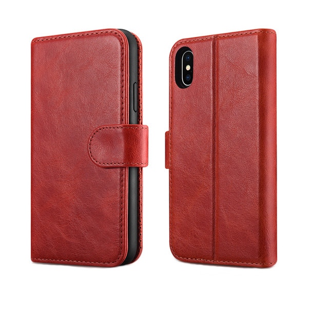 Husa iPhone X / XS, iCarer Detachable, piele naturala 2 in 1, inchidere magnetica, tip carte + back cover, stand, culoare Rosu burgund