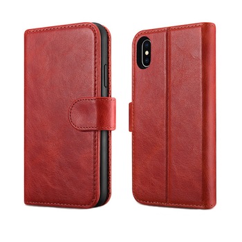 Husa iPhone X / XS, iCarer Detachable, piele naturala 2 in 1, inchidere magnetica, tip carte + back cover, stand, culoare Rosu burgund Husa iPhone X / XS, iCarer Detachable, piele naturala 2 in 1, inchidere magnetica, tip carte + back cover, stand, culoare Rosu burgund