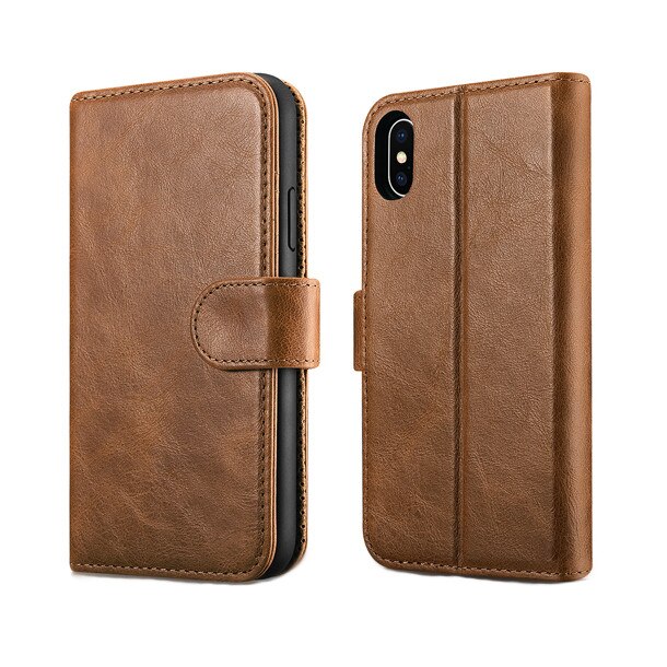 Husa iPhone X / XS, iCarer Detachable, piele naturala 2 in 1, inchidere magnetica, tip carte + back cover, stand, culoare Maro