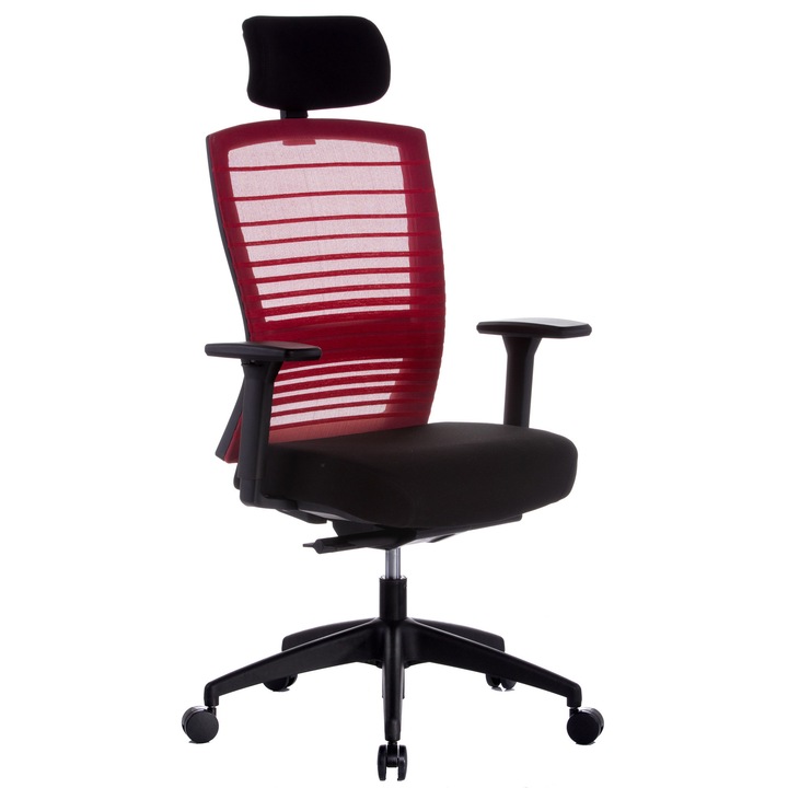 QMOBILI MUNIZ HI ergonomikus szék, piros, szövet ülés, hálós háttámla, fejtámla, szinkron mechanizmus, állítható deréktámasz, 3D karok, PP talp