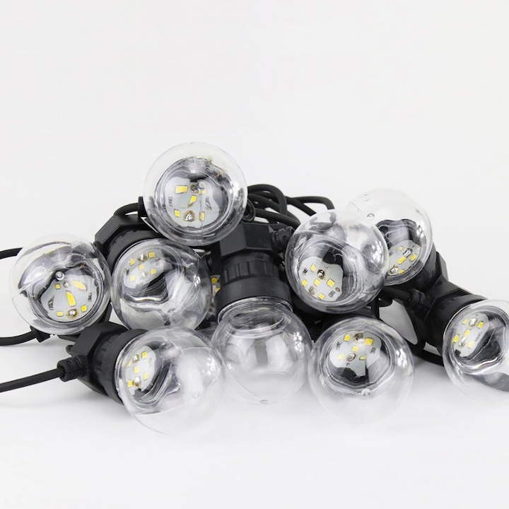 Ghirlanda Luminoasa de exterior 10.00 m. cu 20 globuri LED transparente, cablu negru, lumina calda naturala, interconectabila 50M