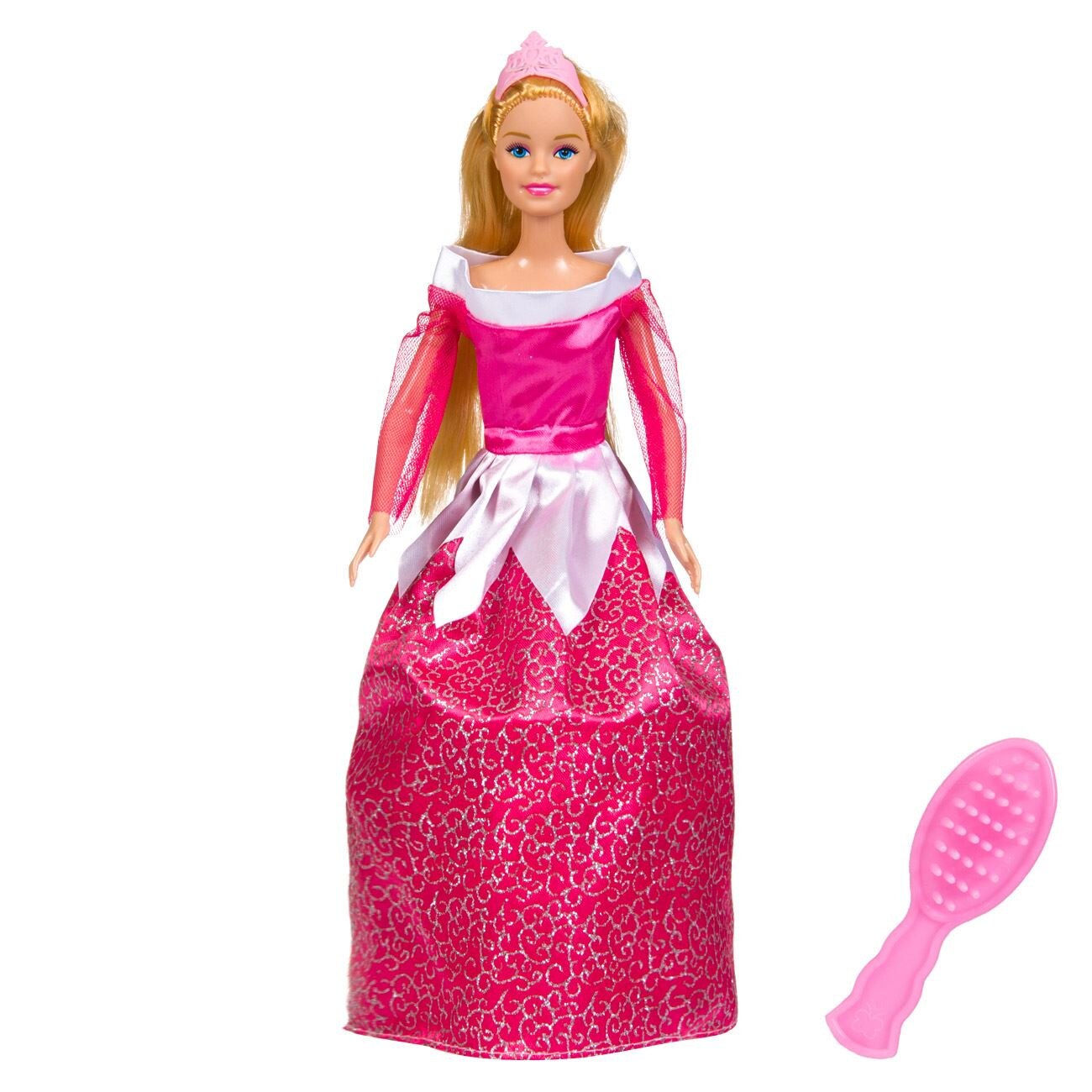 Papusa Printesa Betty cu rochita stralucitoare roz/alb, coronita, blonda, 30 cm