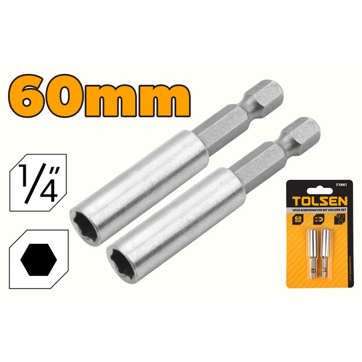 Set 2 suporturi TOLSEN pentru varfuri surubelnita, lungime 60 mm, material otel si Cr-V, prindere sigura si rezistenta, uz profesional