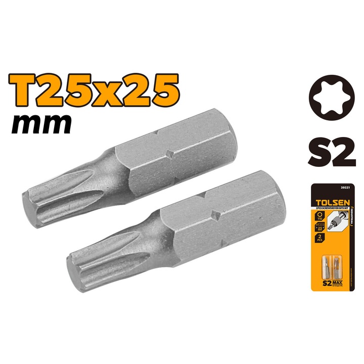 Set varfuri surubelnita TOLSEN 2 buc, T25x25 mm, otel S2 industrial, durabile si precise, potrivire perfecta, pentru utilizare frecventa