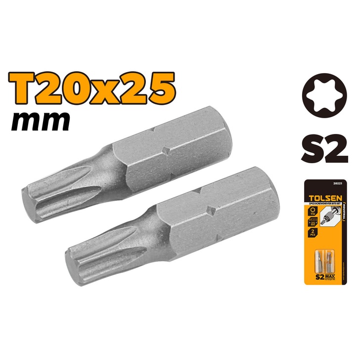 Set varfuri surubelnita TOLSEN 2 buc, T20x25 mm, otel S2 industrial, finisaj satinat, rezistenta si precizie, ideale pentru insurubare sigura