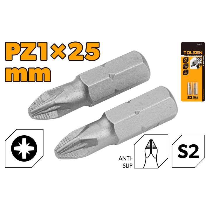 Set varfuri surubelnita TOLSEN 2 buc, PZ1 25 mm, otel S2 industrial, calit si detensionat, finisaj satinat, potrivire precisa, rezistenta crescuta