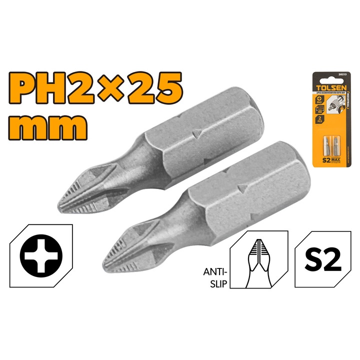 Set varfuri surubelnita TOLSEN 2 buc, PH2 25 mm, otel S2 industrial, rezistenta sporita, finisaj satinat, potrivire perfecta, uz profesional