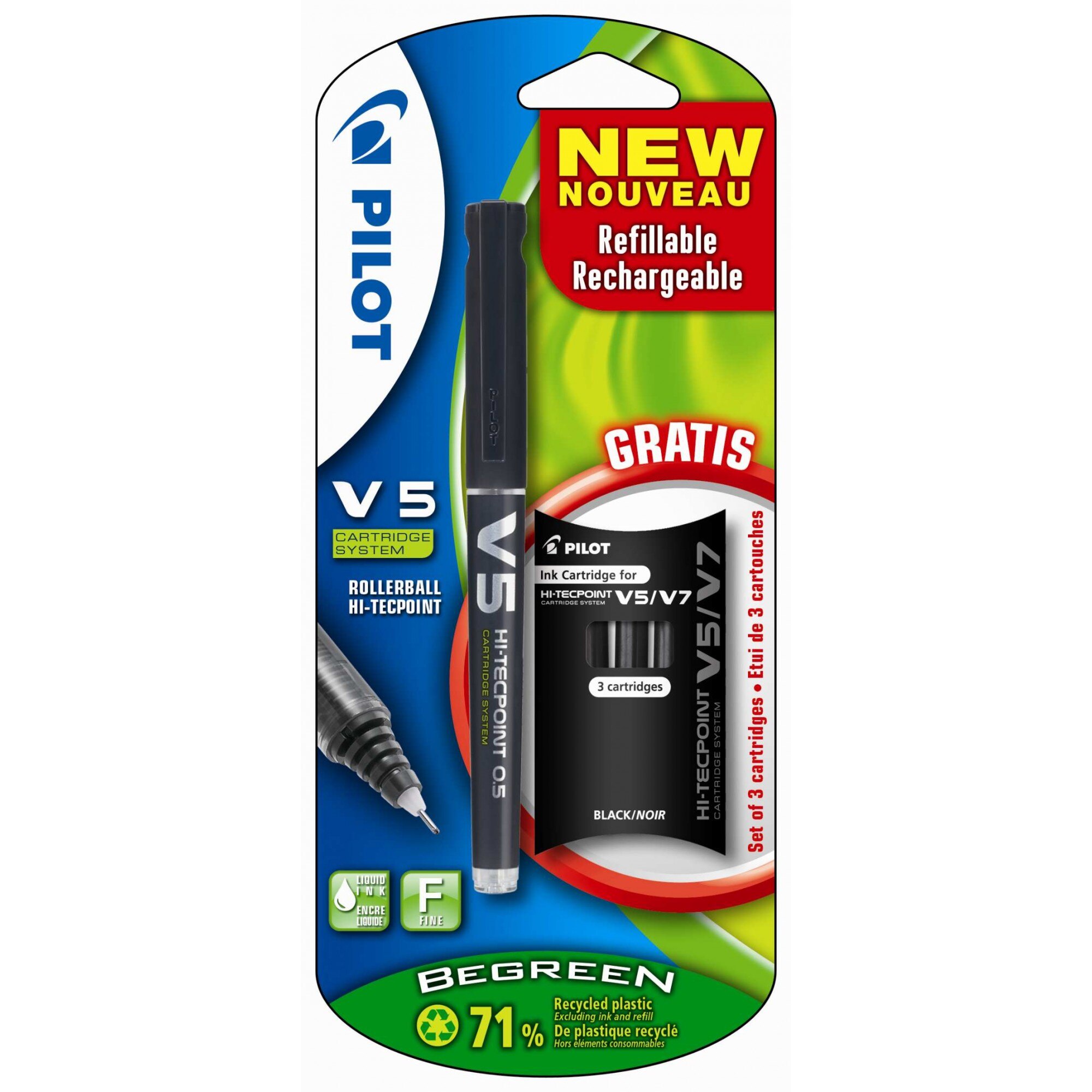 Set Roller plus rezerve Pilot V5 Hi-Tecpoint reincarcabil 0.5mm, negru