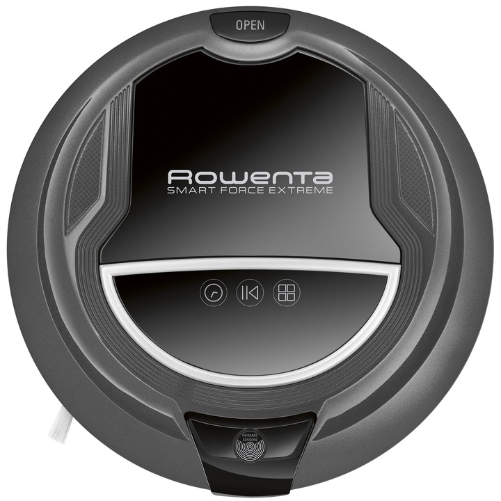 Aspirator robot Rowenta Smart Force Extreme RR7126WH, Baterie Li-Ion, 70dB, 4 functii de curatare, Senzor infrarosu, Telecomanda, Recipient praf 0.25 l, Negru