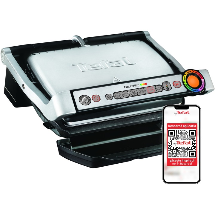 Gratar electric Tefal Optigrill+ Wafles GC716D12, 2000 W, 6 programe, Indicator pentru nivelul de gatire, Placi detasabile, Accesoriu pentru gofre, Negru/Argintiu