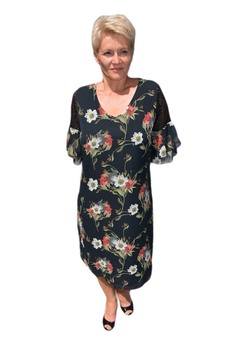 Rochie casual Ava cu insertii de catifea si flori 3d din broderie,D&J Exclusive, Albastru marin