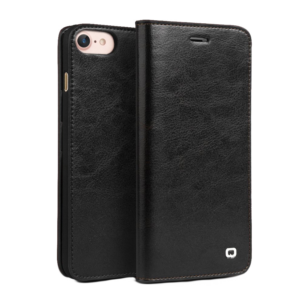 Husa iPhone SE 2 (2020), iPhone 8, iPhone 7, Qialino Classic Wallet, din piele fina tip carte, cu buzunare carduri si bani, culoare Negru
