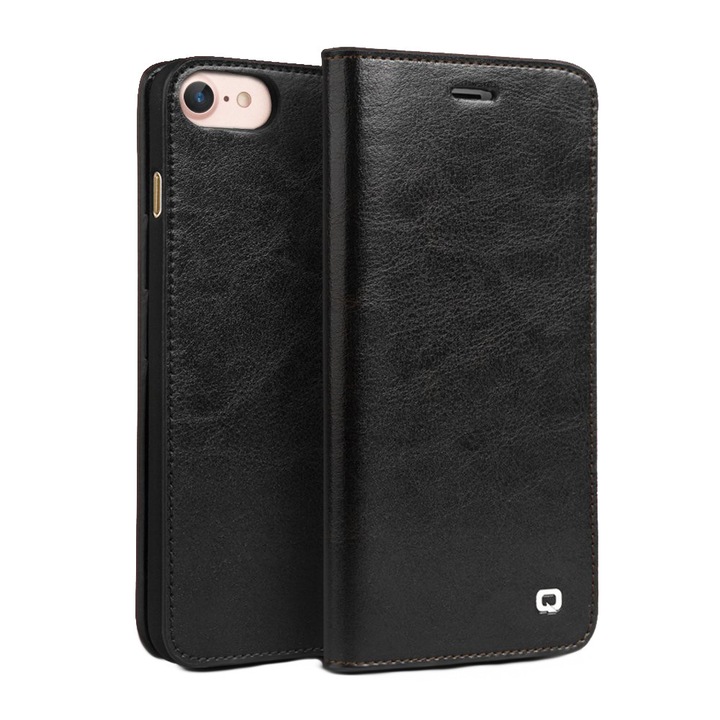 Husa pentru iPhone SE 3 2022, SE 2 2020, iPhone 8, 7, Qialino Classic Wallet, din piele fina tip carte, cu buzunare carduri si bani, culoare Negru