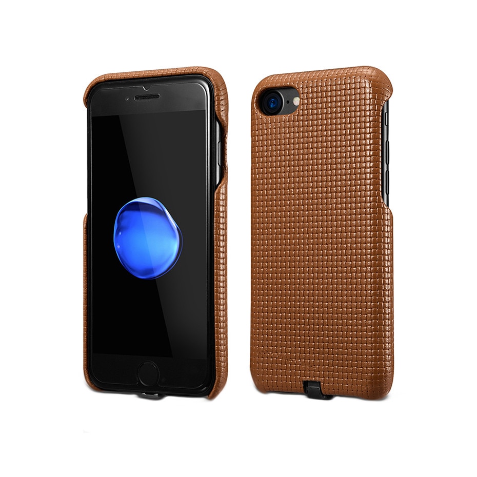 Husa iPhone 7, iCarer Woven, din piele naturala cu adaptor QI incarcare wireless, tip back cover, culoare Maro