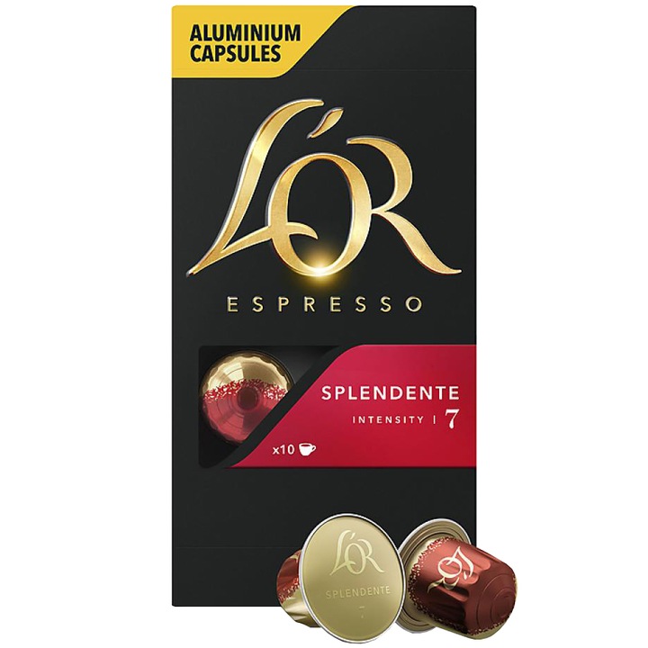 Capsule cafea, L'OR Espresso Splendente, intensitate 7, 10 bauturi x 40 ml, compatibile cu sistemul Nespresso®*, 10 capsule aluminiu