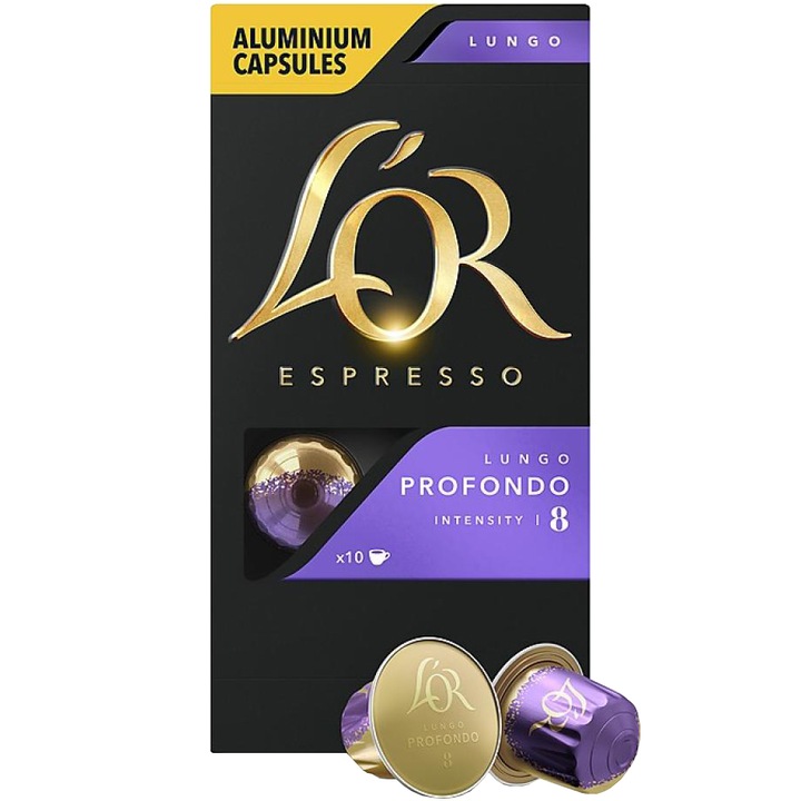 Капсули кафе L'OR Espresso Lungo Profondo, Интензивност 8, 10 напитки х 110 мл, Съвместими със системата Nespresso®, 10 алуминиеви капсули