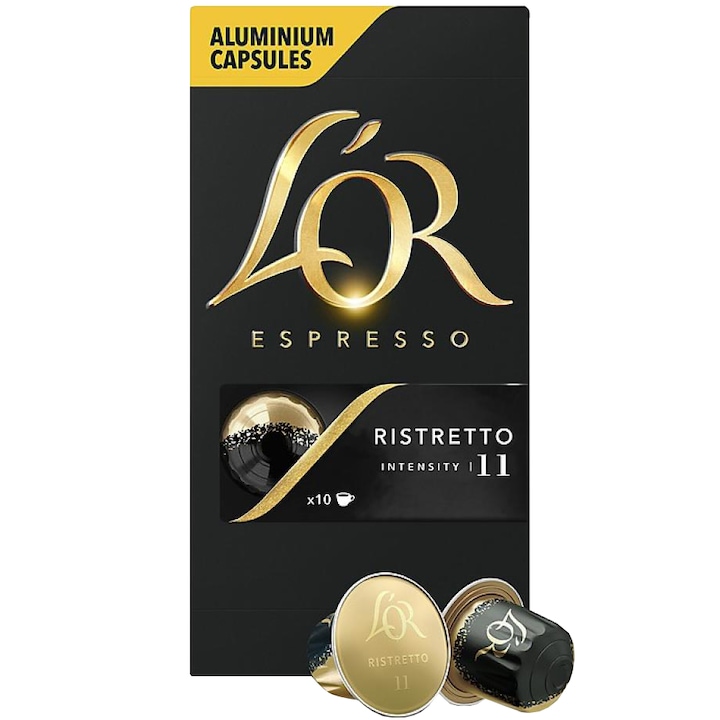 Capsule cafea, L'OR Espresso Ristretto, intensitate 11, 10 bauturi x 25 ml, compatibile cu sistemul Nespresso®*, 10 capsule aluminiu