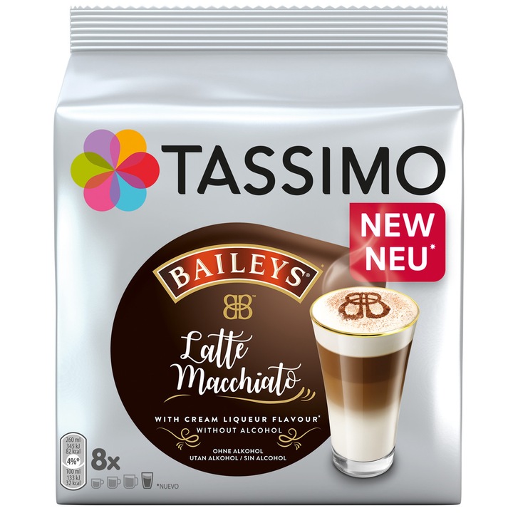 Capsule cafea, Jacobs Tassimo Baileys Latte Macchiato, 8 bauturi x 295 ml, 8 capsule specialitate cafea + 8 capsule lapte