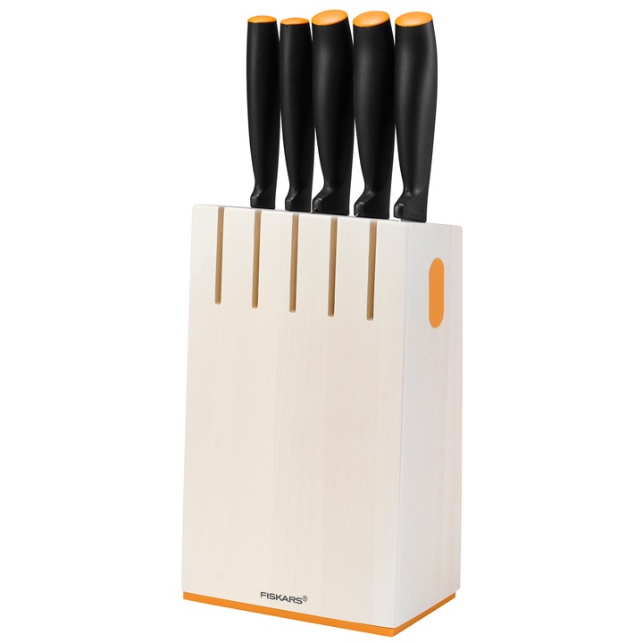 Set 5 cutite + bloc de lemn Fiskars Functional Form, otel inoxidabil, Black/White