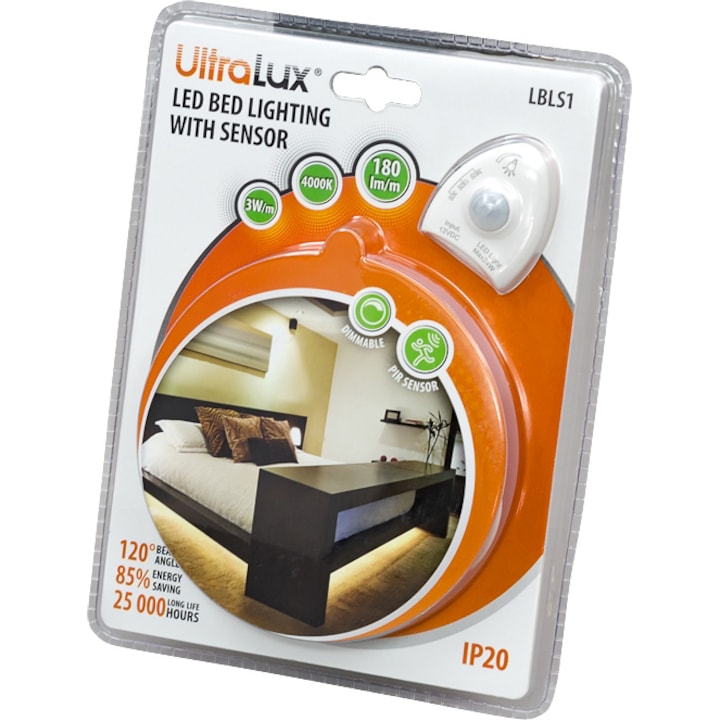 Комплект LED ленти за легло Ultralux LBLS1, 3W, 180 лумена, Неутрална светлина 4000K, PIR сензор, 2 м