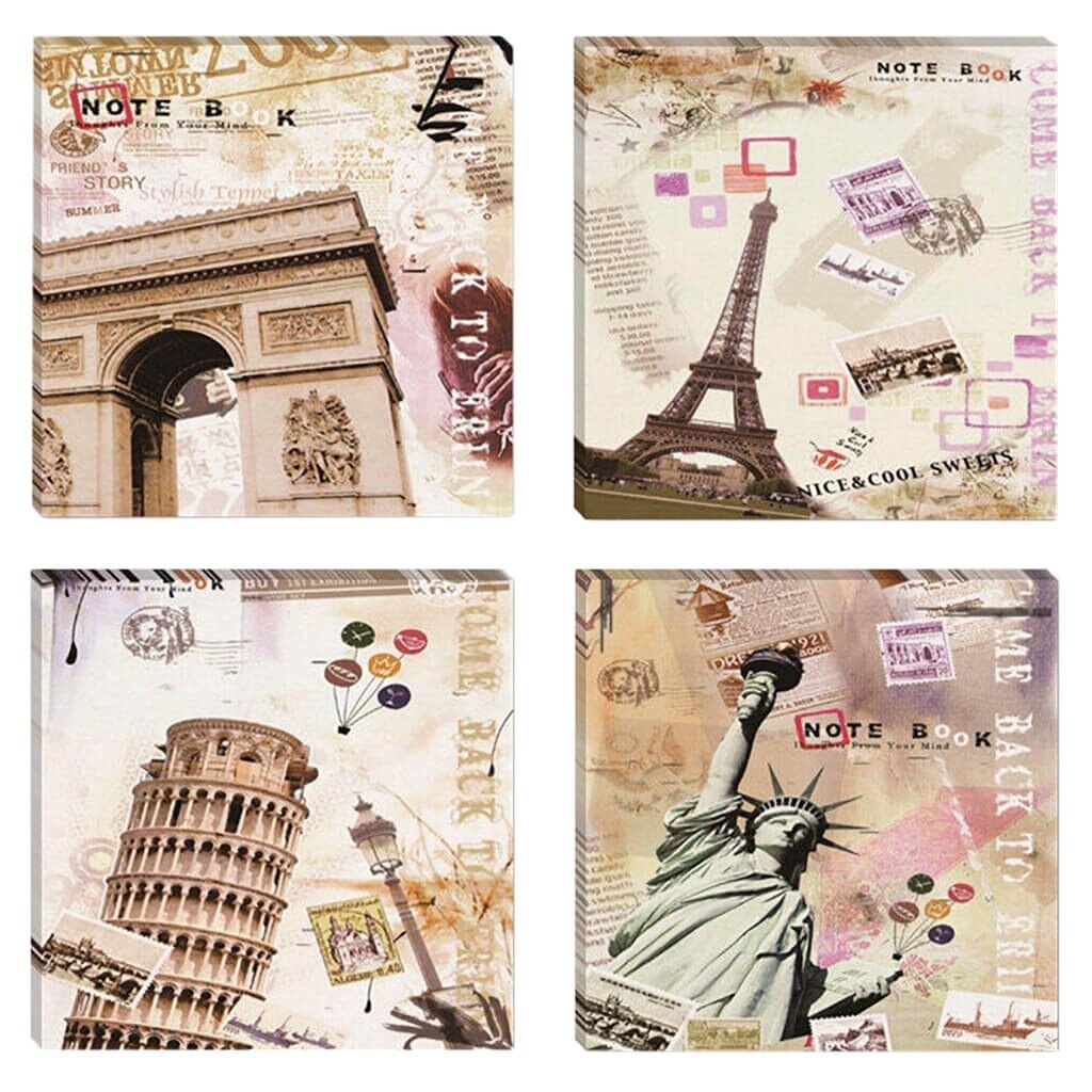 Set 4 tablouri canvas decor cu Turn Eiffel & Arc de Triumf Paris Franta, Turn Pisa Italia, Statuia Libertatii SUA, 4x 30x30cm