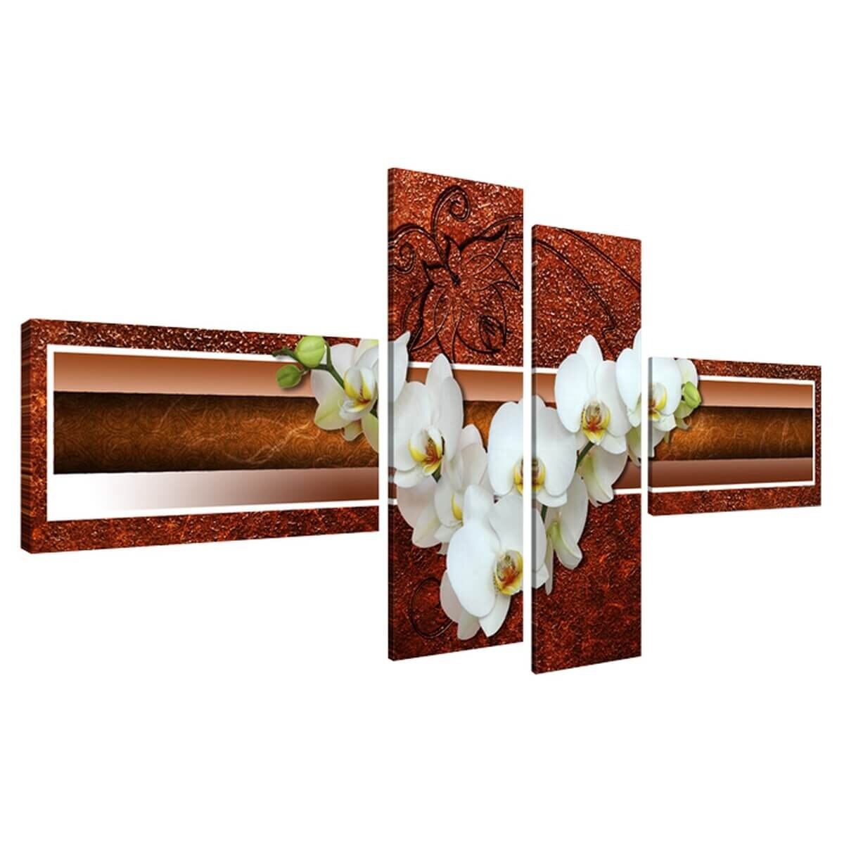 Tablou canvas abstract cu flori albe de orhidee pe fundal aramiu pentru decor modern, set 4 piese, rama lemn, 160x70cm VSR6533