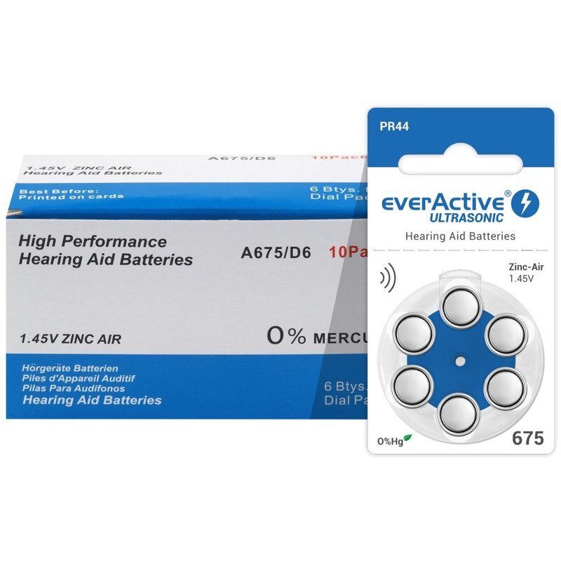 Baterii pentru proteze auditive EverActive P675 Zinc-Aer 0% Mercur - 10 blistere /60 bucati.