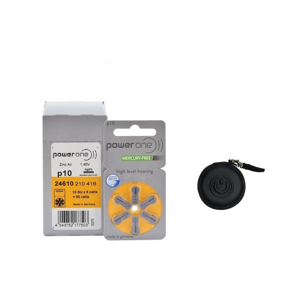 Baterii pentru apararte auditive PowerOne by Varta P 10 Zinc Aer 0% Mercur - 10 blistere/60 bucati + Husa pentru aparat auditiv Cadou la fiecare comanda