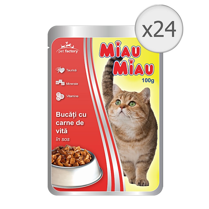 Hrana umeda pentru pisici Miau Miau,, 24x100g, Vita