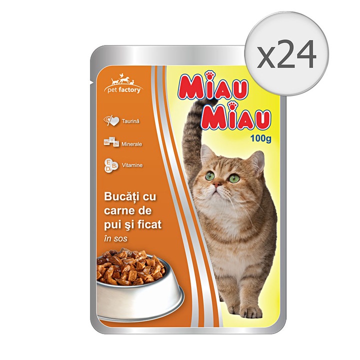 Hrana umeda pentru pisici Miau Miau,, 24x100g, Pui, Ficat