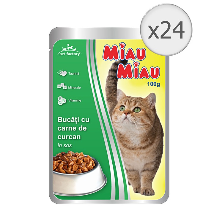 Hrana umeda pentru pisici Miau Miau,, 24x100g, Curcan