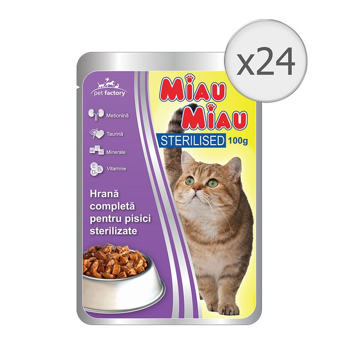 Hrana umeda pentru pisici Miau Miau, Sterilised, 24x100g