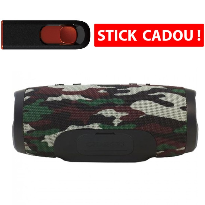 Boxa portabila Charge 3, Camouflage, USB, Bluetooth, 5v Power Bank + CADOU STICK 32GB